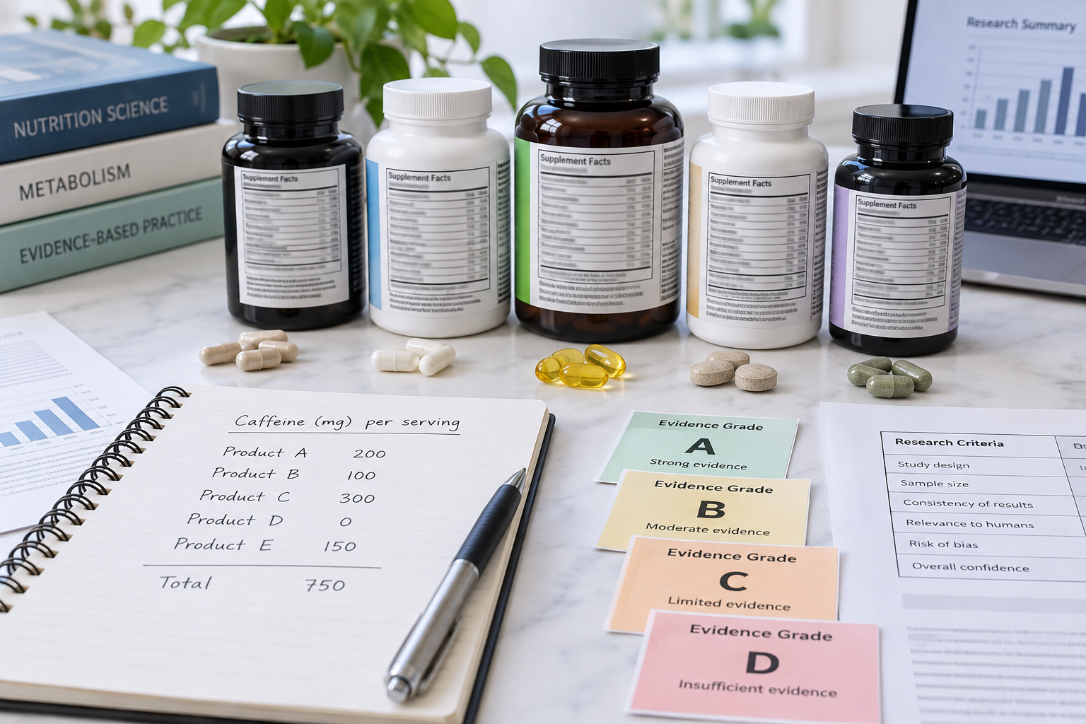Unbranded supplement labels, caffeine notes and evidence cards checked before comparing fat burners