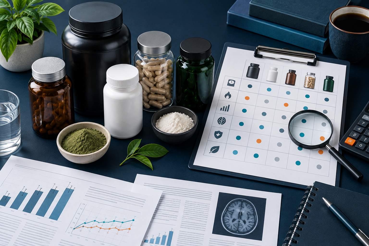 Unbranded fat-burner products, evidence sheets and comparison tools arranged for a transparent buyer review