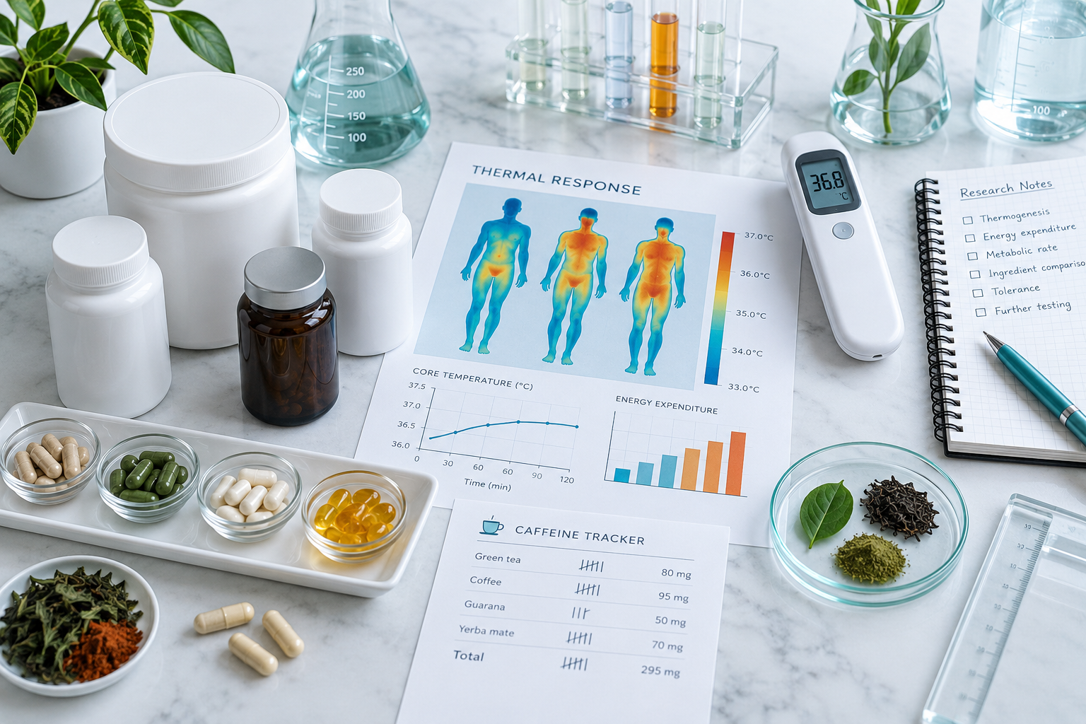 Unbranded thermogenic supplements, thermometer and research materials used to compare stimulant exposure