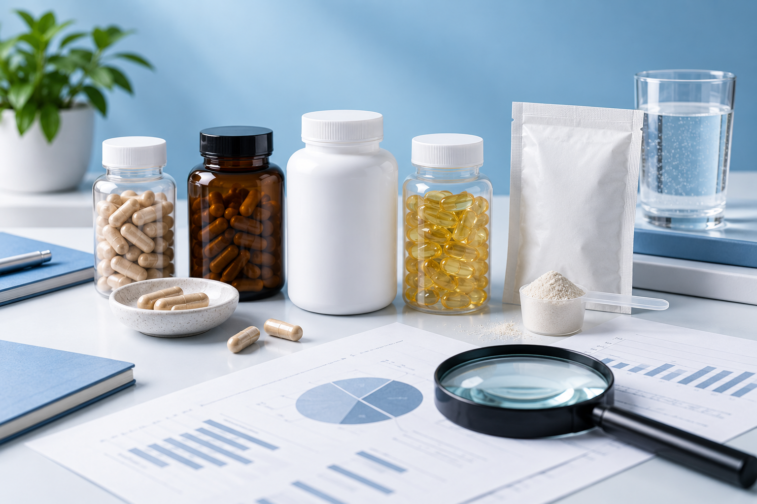 Several unbranded weight-loss supplement formats reviewed with evidence sheets and a magnifying glass
