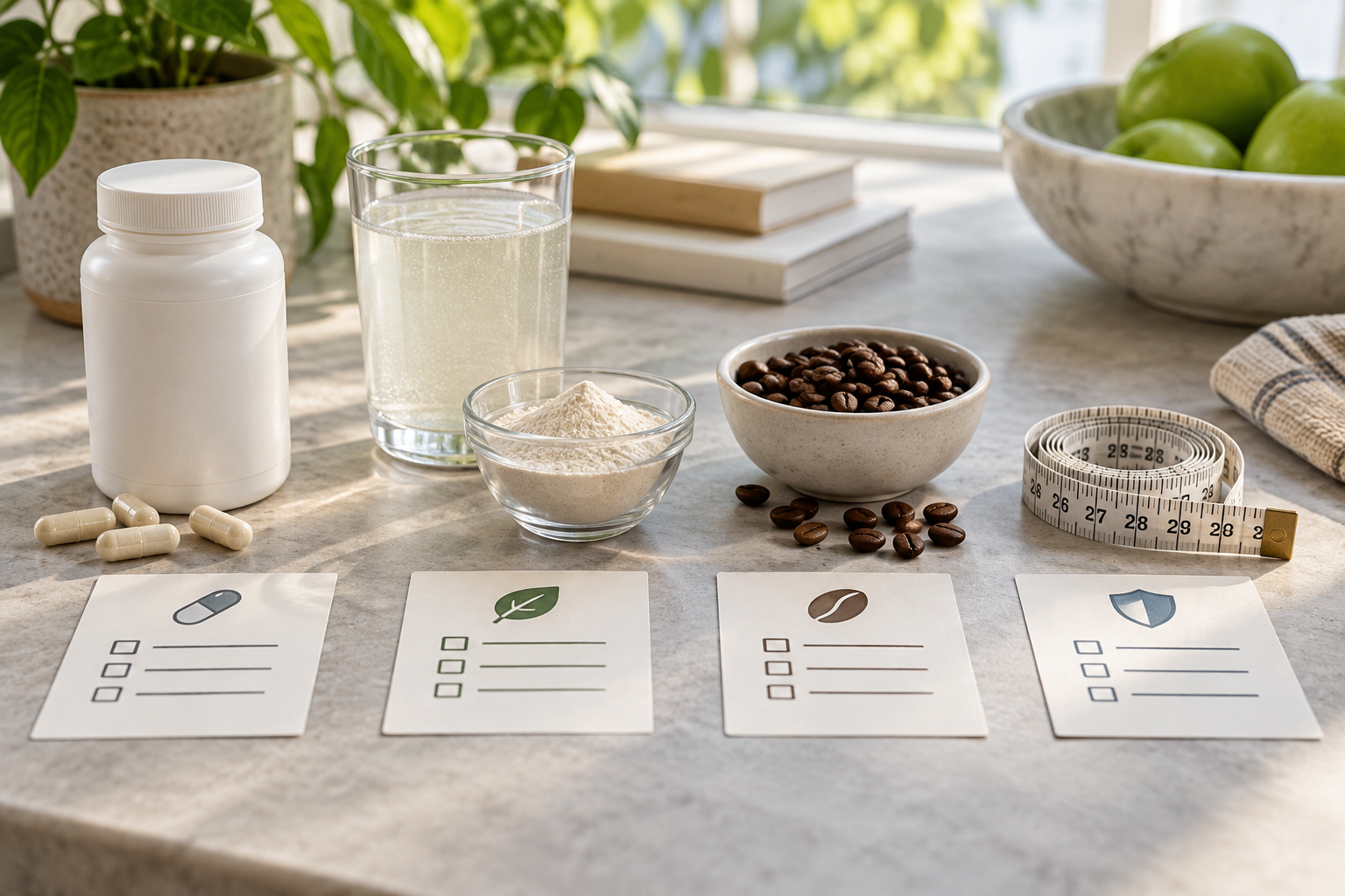 Unbranded supplement, fiber, caffeine and safety options arranged as a practical decision guide