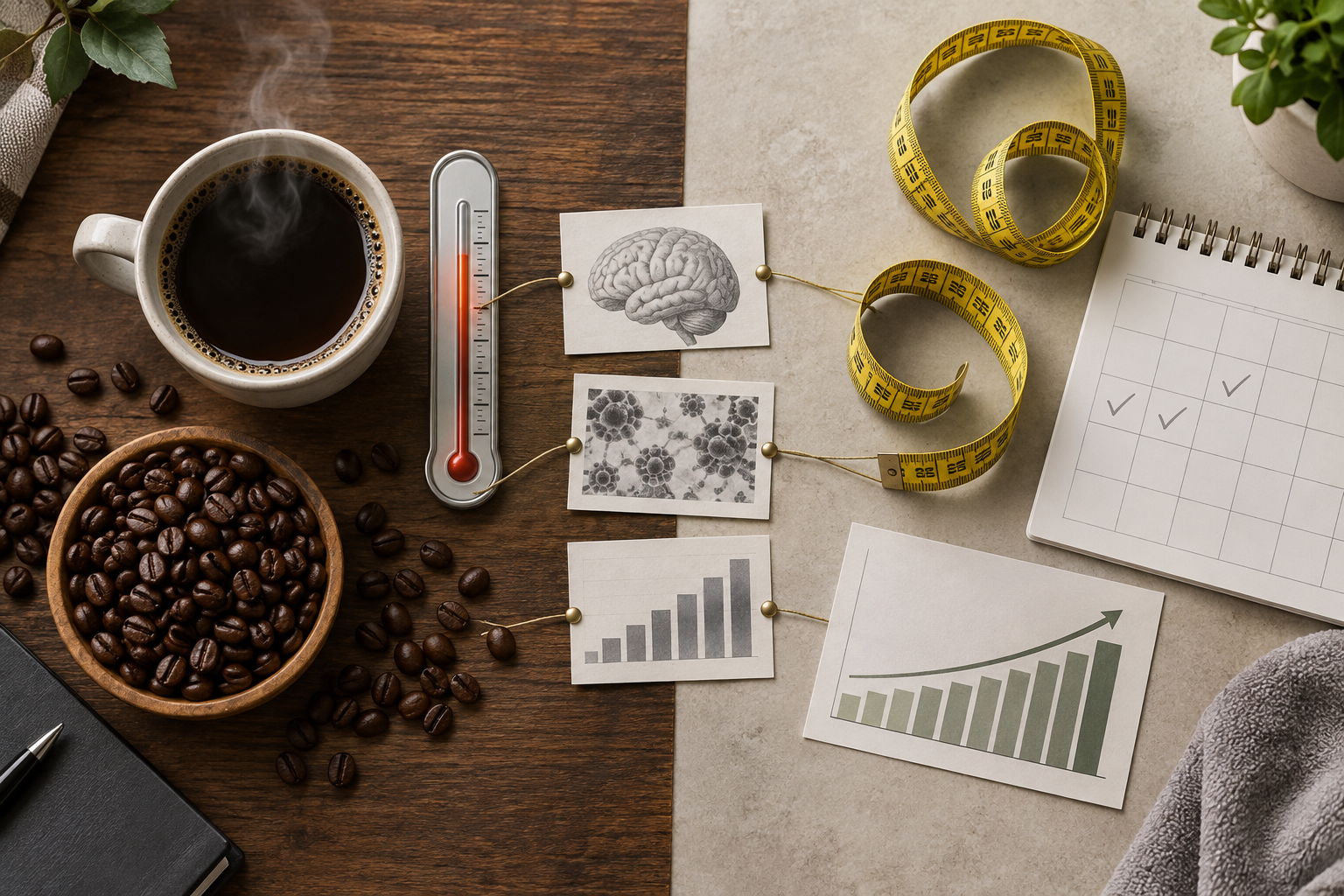 Coffee and thermometer compared with a calendar, measuring tape and long-term evidence chart
