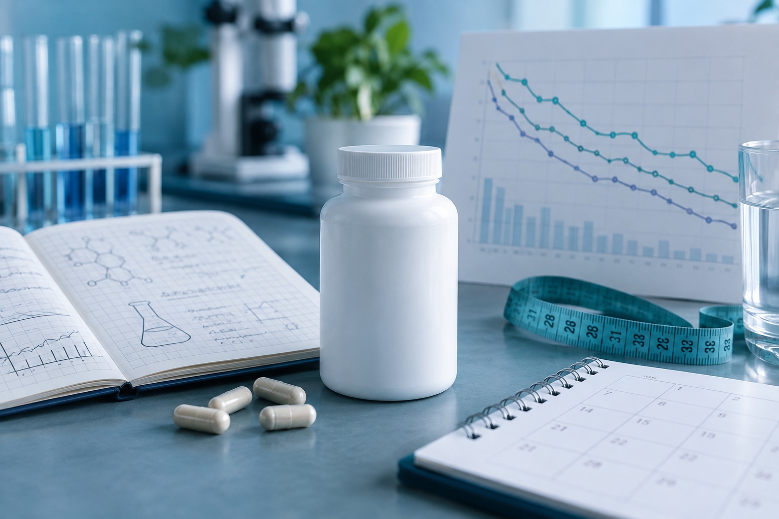 Unbranded supplement assessed beside research notes, a calendar and a gradual progress chart