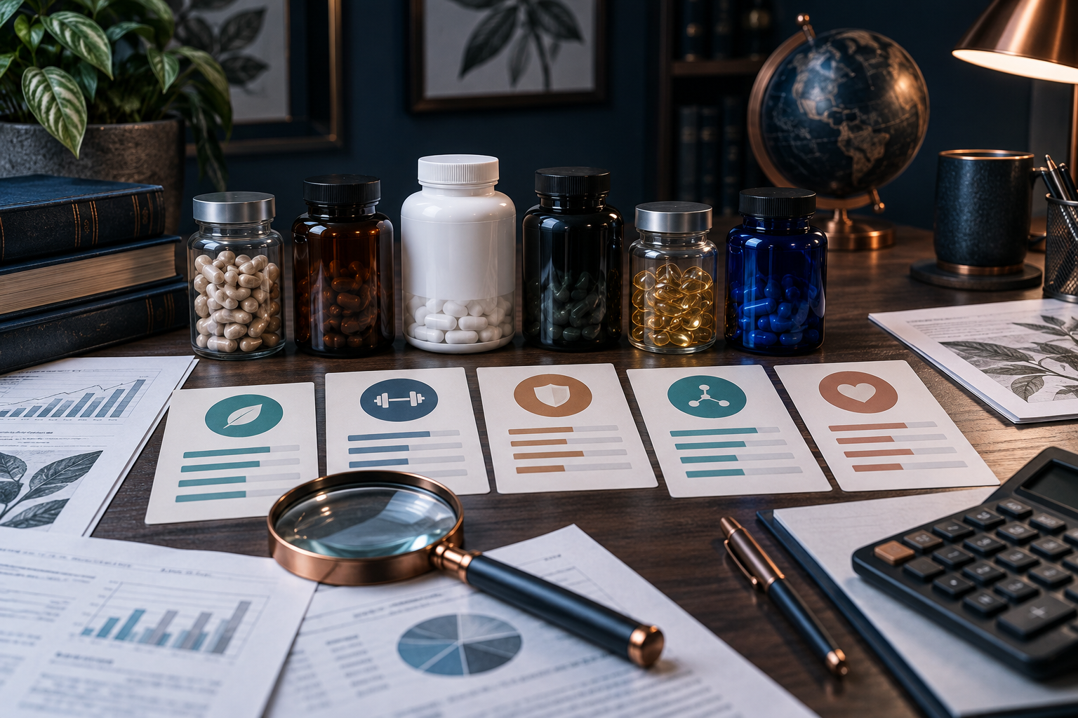 Several unbranded fat-burner products and standardized review scorecards arranged on an editorial desk