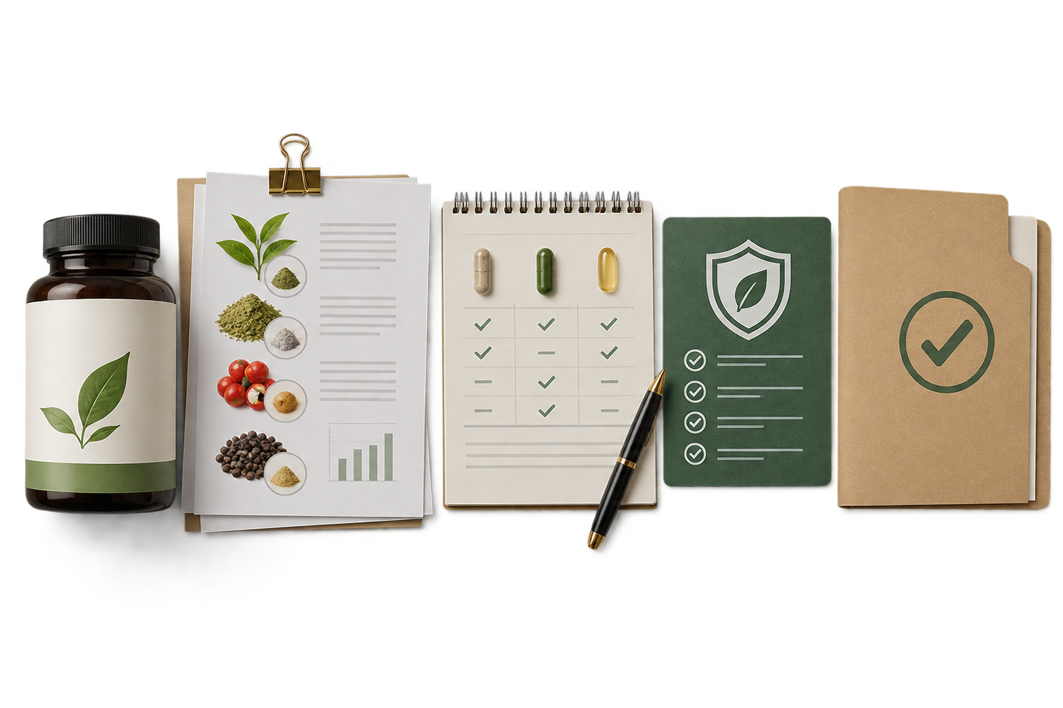 Full label, ingredient evidence, dose comparison, safety card and decision folder arranged as a review workflow