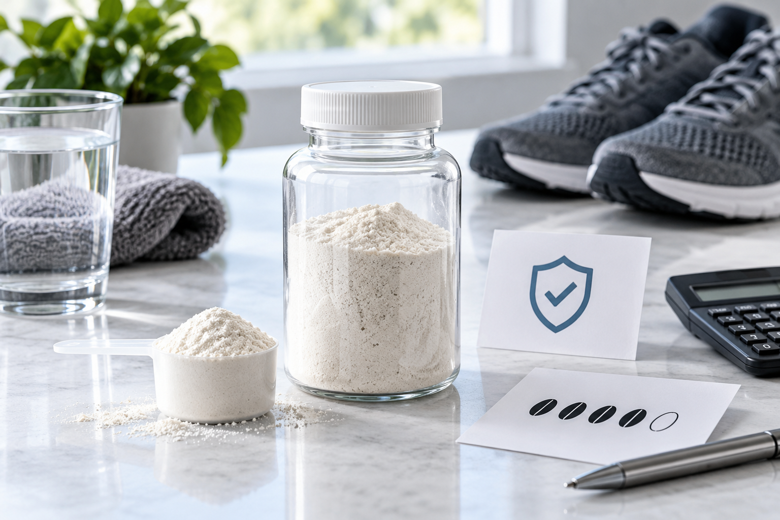 Unbranded supplement, measured serving, safety card and calculator used for a practical fat-burner decision