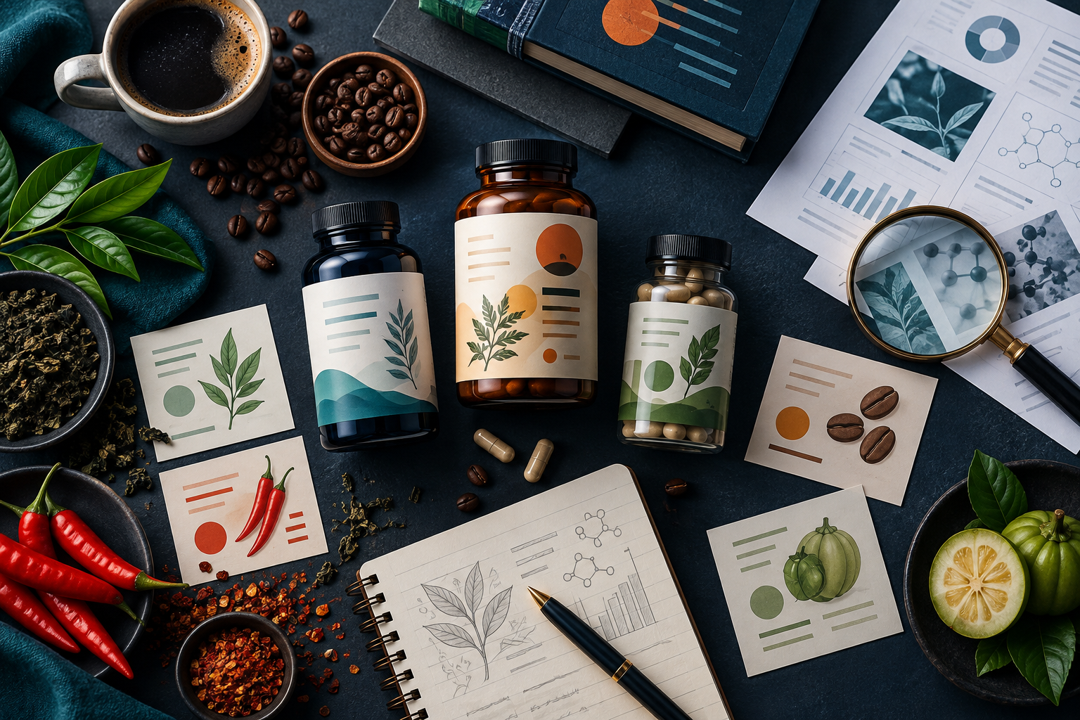 Unbranded fat-burner products, botanical ingredients and research materials arranged for evidence review