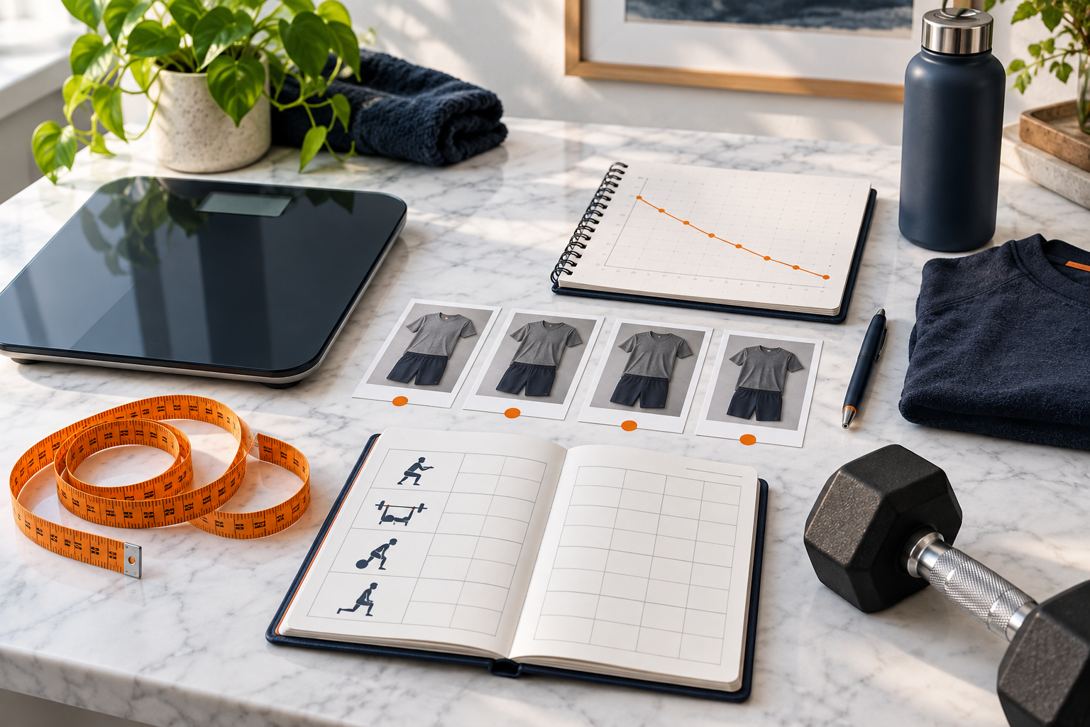 Scale, tape, progress notes, and evidence checklist for measuring fat loss
