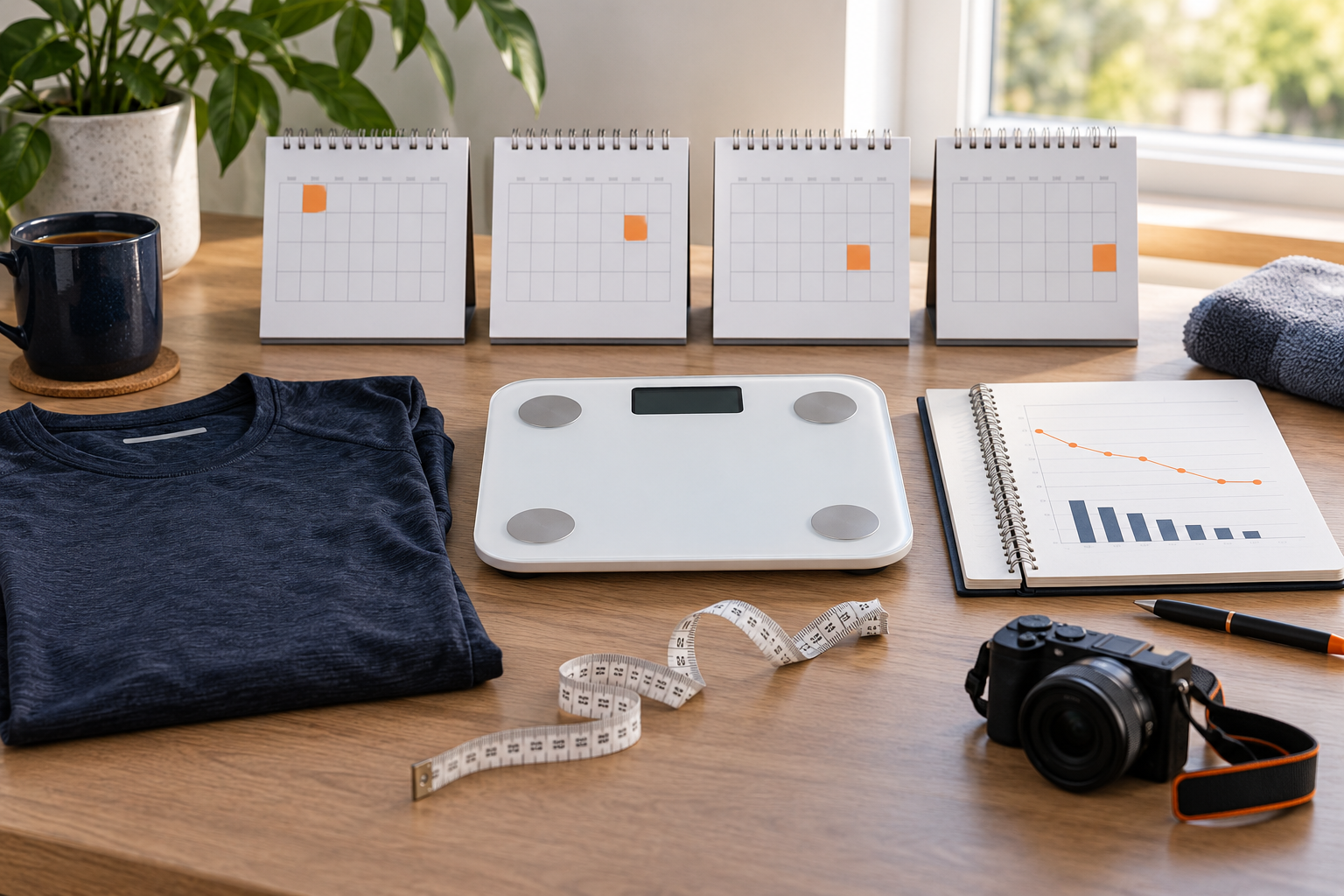 Calendar, tape measure, and evidence notes for a realistic fat-loss timeline