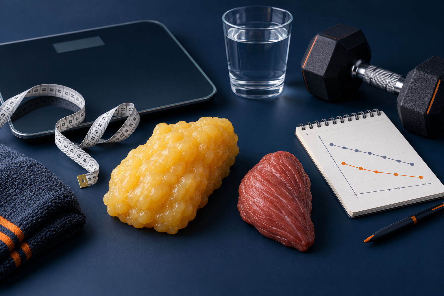Scale, measurement notes, and evidence checklist representing fat-loss progress tracking