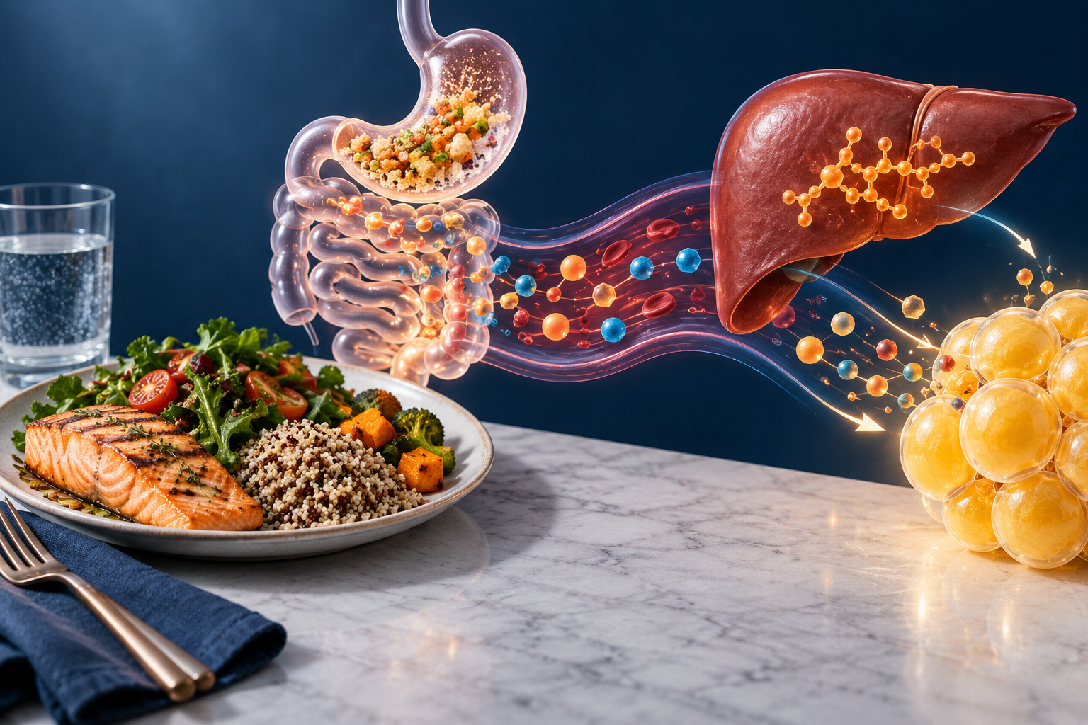 Foods and laboratory dishes arranged to represent digestion, nutrient transport, and post-meal metabolism