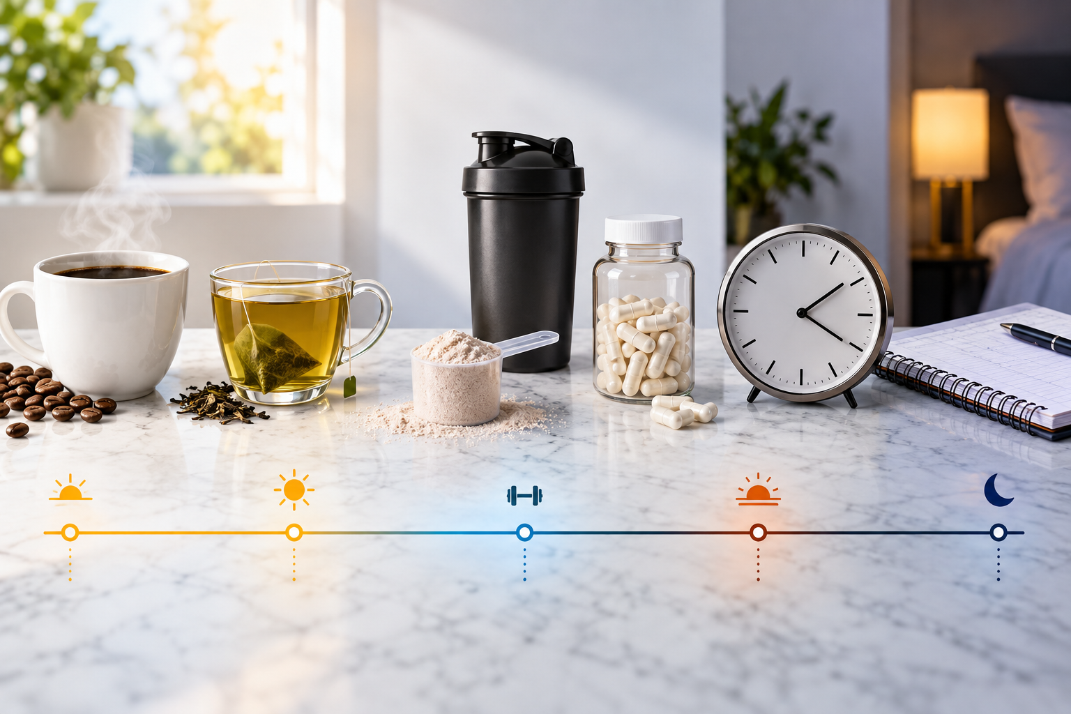 Coffee, tea, pre-workout scoop and capsules arranged across a twenty-four-hour stimulant timeline