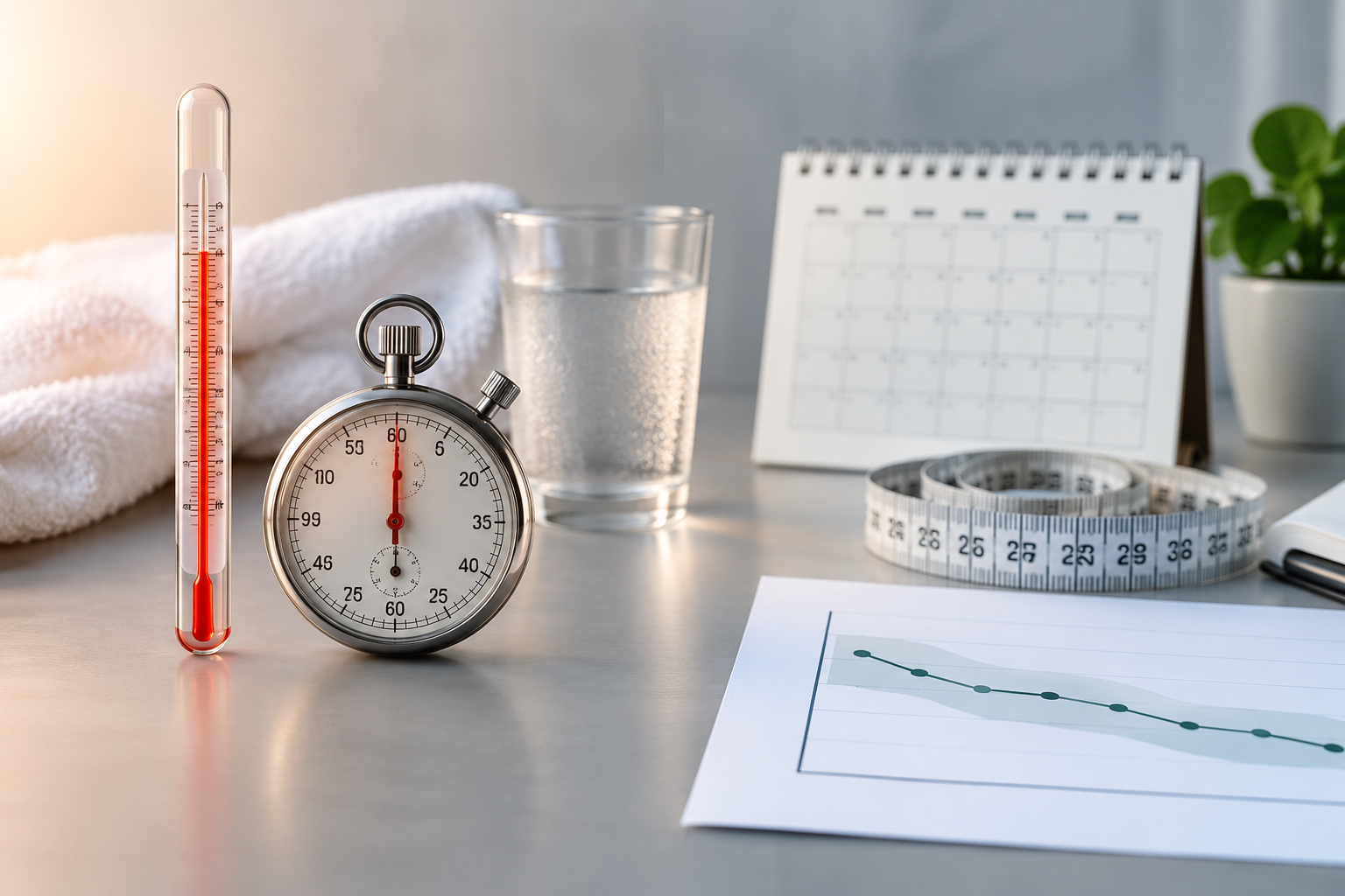 Thermometer and stopwatch compared with a calendar, measuring tape and gradual trend chart