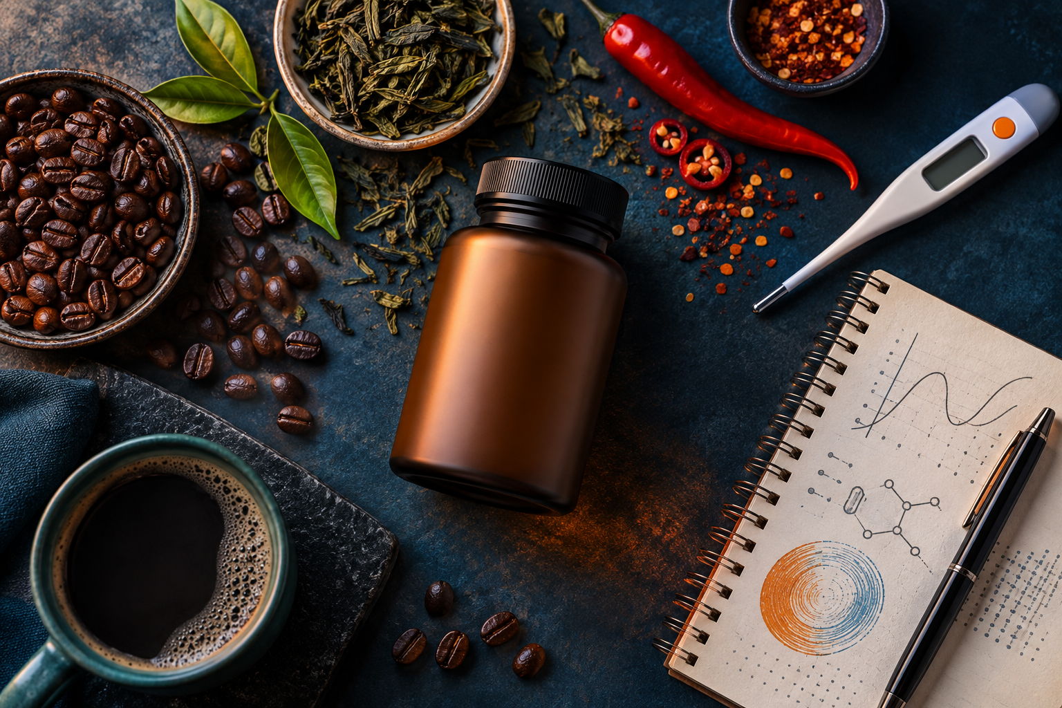 Unbranded thermogenic supplement, coffee, tea, chili and thermometer arranged for evidence review