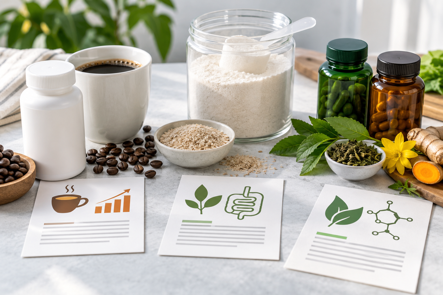 Different unbranded fat-burner categories arranged with coffee, fiber and botanical ingredients