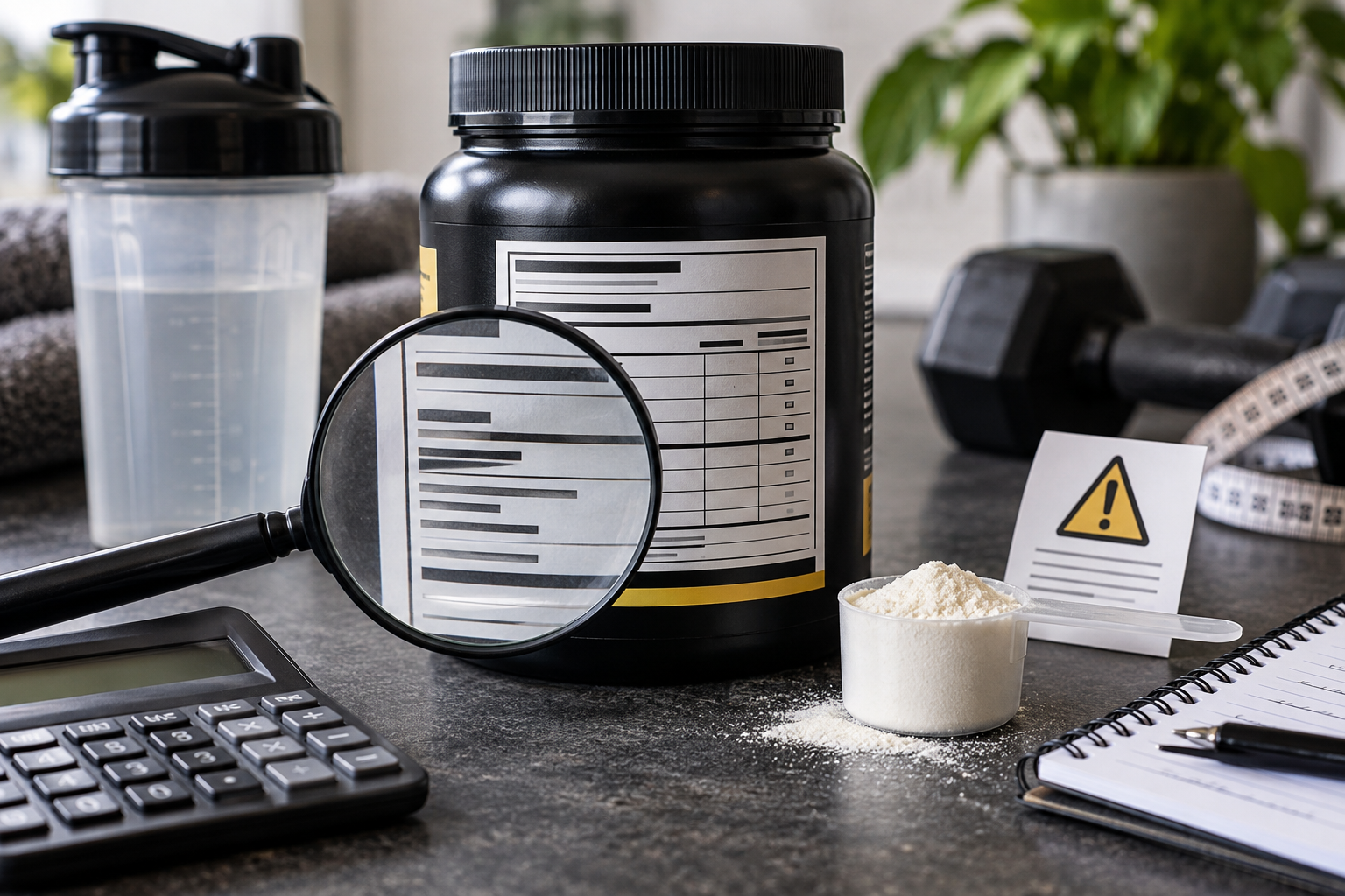 Unbranded supplement label, magnifying glass, calculator, measuring scoop and warning card